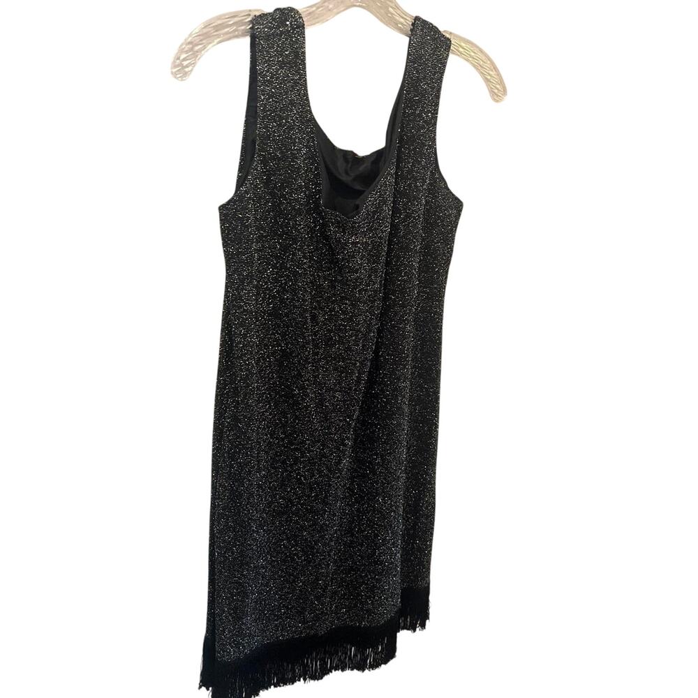 1970s black & silver knit sparkle flapper style dress w fringe bottom